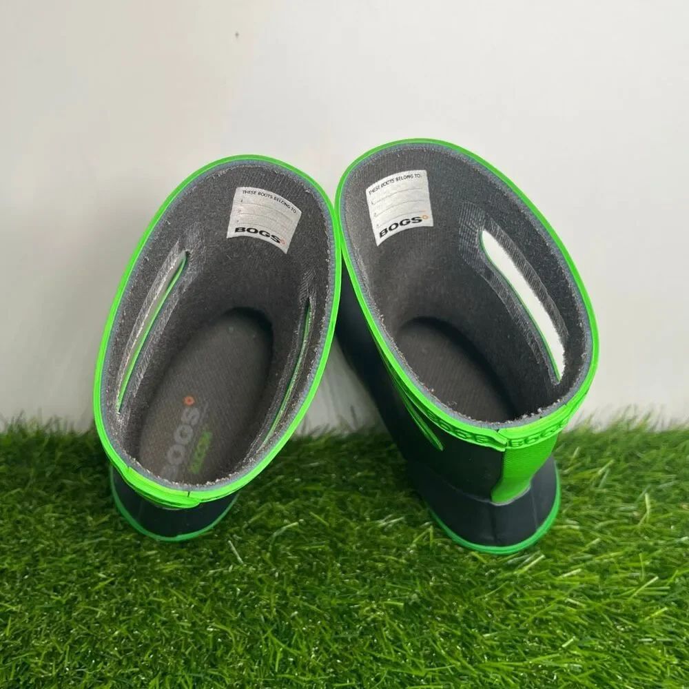Bogs Kids Rain Boots Size 10 Waterproof Rubber Black Green Pull On Boots - Picture 5 of 7